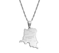 Democratic Republic of the Congo Map Cities Pendant Necklace Chain Neckalces DRC Jewelry(Silver Color,45cm)