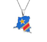 Democratic Republic Of The Congo Map Colored Flag Pendant Drc Kinshasa Necklace Ethnic Jewelry Patriotic Accessory(Silver Color,60cm)