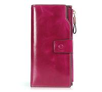 Demon&Hunter DZA2083RR Women's Leather RFID Protection Large Capacity Long Wallet 21 Card Slots Leather Clutch Rose Red