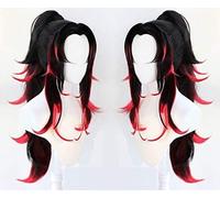 Demon Slayer: Kimetsu no Yaiba Kokushibou Cosplay Wigs High-Temperature Fiber Black and Red Hair+Single Ponytails+ Free Hair Cap Cosplay Anime Wig Coser