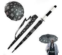 Demon Slayer Umbrella - Anime Rain Cosplay Katana Automatic Opening Ninja Sword Sunshade, Black, White
