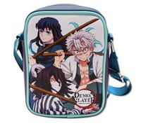 Demon Slayer Vegan Leather Crossbody Bag with Adjustable Strap, Three Demon Slayers Character Group Pose and Title Logo White