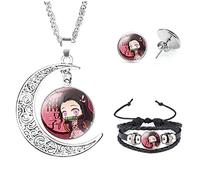 Demon Slayers Anime Jewelry Set Nezuko Kamado Glass Dome Crescent Moon Pendant Charm Necklace, Earrings, Bracelet Jewelry Set Gifts for Women Girls, Metal, No Gemstone
