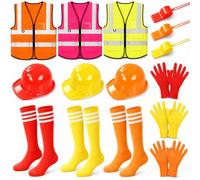 Demonwer 15 Pcs Neon Construction Worker Costume Accessories Adult Reflective Vest Hard Hat Nylon Gloves Whistle Knee High Socks Builder Dress Up Set for Halloween Party School Event Career Day