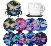 Demonwer 8 Pieces Dazzling Dragonfly Diamond Painting Coasters Kits with Holder DIY Colorful Dragonfly Diamond Art Coaster Coaster for Gifts Beginner Adults Kids Art Table Home Craft Gift Supplies