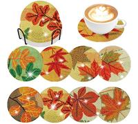 Demonwer 8 Pieces Vintage Fall Maple Leaves Painting Coasters with Holder DIY Fall Maple Leaves Art Coasters 5d Full Drill Coasters Acrylic Round Cup Coaster with Cork Pads (Demonwer-1)