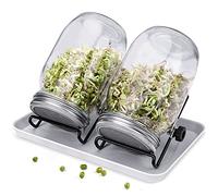 Demoyaya Seed Sprouting Jar Kit, 2pcs 32OZ Wide Mouth Mason Jars with Tray, Shading Cloth and Stainless Steel Strainer Lids Stands for Making Seeds Sprouts, Growing Mung Beans,Broccoli