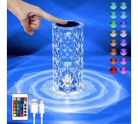 DEMPOWER Crystal Diamond LED Table Lamp, 16-Color RGB Night Light with Touch Sensor, Remote Control, and USB Rechargeable Design, Bedside Lamp for Romantic Lighting, Dimmable and Portable Home Decor