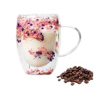 Demsyeq 350ml Double Wall Glass Coffee Mugs Mugs with Dry Flowers Dried Flowers Glass Coffee Mug Insulated Coffee Mugs with Decorative Flowers Glass Coffee Mugs for Women