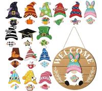 Demsyeq Gnome Door Hanger | Interchangeable Design with Magnet Pieces,Wooden Gnome Decor,for Porch, Yard, Wall and Home Entrance Decorations