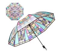 Demsyeq Stained Glass Umbrella Transparent Folding Umbrella Vintage Stained Glass Automatic Umbrellas Hand Painted With Eight Fiberglass Frames Presents For Girlfriend Children Friends