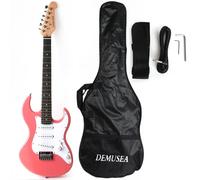Demusea electric guitars pink color 36'' short scale 3/4 size mini guitars all people suitable for practice play travel music show and party solid phoenix body maple neck builded gigbag in(MN Pink)