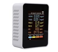 Denash 6 in 1 Air Quality Meter, Color Screen Indoor Detector, PM2.5 HCHO TVOC CO CO2 Pollution Tester, Small Size, Big Screen, Four Color Segments, Rechargeable Battery (MT07CO White)