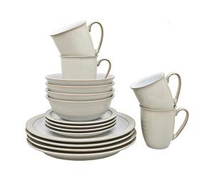 Denby - 016048750 Linen Cream White Dinner Set For 4 - 16 Piece Stoneware Tableware Plate & Bowl Set - Dishwasher Safe - Includes 4 x Dinner Plates, Small Plates, Cereal Bowls, Coffee Mugs