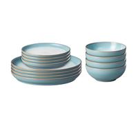 Denby - Azure Blue Dinner Set for 4-12 Piece Ceramic Tableware Set Blue, White - Dishwasher Microwave Safe Ceramic, Stoneware Crockery - Includes 4 x Dinner Plates, Small Plates, Cereal Bowls