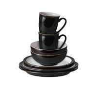 Denby - Elements 8 Piece Dinner Set For 2 - Black Glaze, Dishwasher Safe, Microwave, Oven Proof Plate & Bowl Set - 4 x Lunch Plates, Dinner Plates, Cereal Bowls, Coffee Mugs - Chip Resistant Tableware