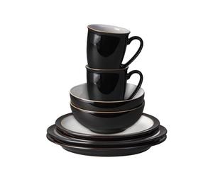 Denby - Elements 8 Piece Dinner Set For 2 - Black Glaze, Dishwasher Safe, Microwave, Oven Proof Plate & Bowl Set - 4 x Lunch Plates, Dinner Plates, Cereal Bowls, Coffee Mugs - Chip Resistant Tableware
