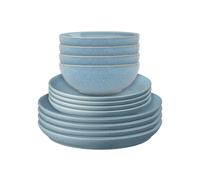 Denby - Elements Blue Coupe Dinner Set for 4-12 Piece Ceramic Tableware Set - Dishwasher Microwave Safe Crockery Set - 4 x Dinner Plates, Medium Plates, Cereal Bowls - Solid Colour