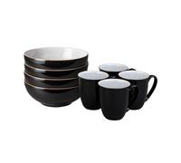 Denby - Elements Coffee Mug & Cereal Bowl 8 Piece Set - Black Glaze Dishwasher & Microwave Safe Stoneware - 4 x 330ml Tea Cups & Cereal Bowls for Soup - Ceramic, Chip Resistant for Everyday Use