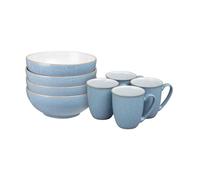 Denby - Elements Coffee Mug & Cereal Bowl 8 Piece Set - Blue Glaze Dishwasher & Microwave Safe Stoneware - 4 x 330ml Tea Cups & Cereal Bowls for Soup - Ceramic, Chip Resistant for Everyday Use
