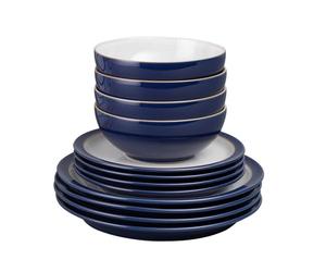 Denby - Elements Dark Blue Dinner Set For 4 - 12 Piece Ceramic Tableware Set - Dishwasher Microwave Safe Crockery Set - 4 x Dinner Plates, 4 x Medium Plates, 4 x Cereal Bowls