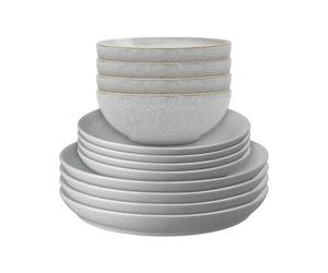 Denby - Elements Light Grey Coupe Dinner Set for 4-12 Piece Ceramic Tableware Set - Dishwasher Microwave Safe Crockery Set - 4 x Dinner Plates, Medium Plates, Cereal Bowls - Solid Colour