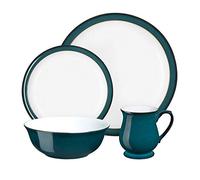 Denby - Greenwich Dinner Set For 1 - 4 Piece Ceramic Tableware Plates & Bowls Set Green, White - Dishwasher Safe Crockery Single Place Setting - 1 x Dinner Plate, Small Plate, Cereal Bowl & Coffee Mug