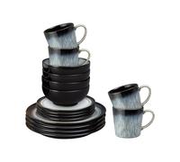 Denby - Halo Dinner Set for 4-16 Piece Dishwasher Safe Stoneware Tableware - Black Reactive Glaze - Microwave Safe Crockery - Set of 4 Dinner Plates, Small Plates, Cereal Bowls, Coffee Mugs