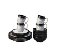 Denby - Halo Dinner Set for 4-16 Piece Tableware - Dishwasher Microwave Safe Stoneware Crockery - Reactive Glaze Black, Grey Colour - Set of 4 Dinner Plates, Small Plates, Cereal Bowls, Coffee Mugs