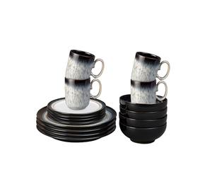 Denby - Halo Dinner Set for 4-16 Piece Tableware - Dishwasher Microwave Safe Stoneware Crockery - Reactive Glaze Black, Grey Colour - Set of 4 Dinner Plates, Small Plates, Cereal Bowls, Coffee Mugs