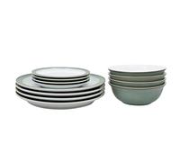 Denby - Regency Green Dinner Set For 4 - 12 Piece Green, White Ceramic Tableware Set - Dishwasher Microwave Safe Crockery Set - 4 x Dinner Plates, 4 x Small Plates, 4 x Cereal Bowls