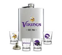 DENCO NFL Minnesota Vikings Flask and Shot Glass Gift Set, Silver Stainless Steel, 8oz Flask with Four 2oz Glasses, Team Logo Design