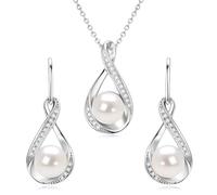 DENGGUANG Sterling Silver Pearl Jewelry Set with Shiny Moissanite, Real Freshwater Pearl Earrings Necklace for Women, Wedding Jewelry for Brides Bridesmaid, Mother's Day, Sterling Silver, Pearl