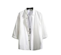 DENGJIAMY 3/4 Sleeve Shirt Men Plain Basic Loose Fit Collared Tee Plus Size Linen Tops Mens Solid Casual Button Down Shirt (White, 7XL)