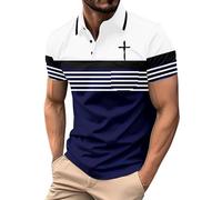DENGJIAMY Christian Cross Polo Shirts Men Casual Striped Golf Tshirts Color Block Collar Business Tops Mens Tees Summer Retro Print Tee Short Sleeve (Z11 Dark Blue, XXL)