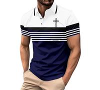 DENGJIAMY Christian Cross Polo Shirts Men Casual Striped Golf Tshirts Color Block Collar Business Tops Mens Tees Summer Retro Print Tee Short Sleeve (Dark Blue, L)
