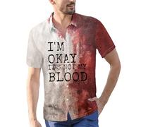DENGJIAMY I'm Ok It's Not My Blood Shirt for Men Scary Halloween Short Sleeve Button Down Shirt Outdoor Holiday Mens Plus Size Horror Print Tees (Red 03, L)