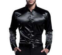 DENGJIAMY Men's 70s Disco Shiny Metallic Gold Silver Dress Shirts Long Sleeve Button Down Shirt Men Casual Trendy Plain Tops Party Costume (Z11 Black, S)