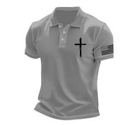 DENGJIAMY Mens Christian Polo Shirts Plus Size Jesus Cross Print Golf Tshirt American Flag Graphic Tee Short Sleeve Vintage Trendy Tops Men's Summer Clothing (Grey, M)
