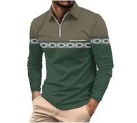 DENGJIAMY Mens Color Block Polo Shirts Fashion Fall Tee Long Sleeve Classic Basic Clothes Zip V Neck Tshirt Men Casual Business Golf Shirt (Green, S)