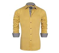 DENGJIAMY Mens Dress Shirt Long Sleeve Outdoor Collared Tee Plus Szie Business Casual Tops for Summer Men Plaid Button Down Shirts (Yellow, 3XL)