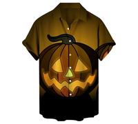 DENGJIAMY Mens Funny Halloween Short Sleeve Button Down Shirt Casual Hawaiian Plus Size Tops Scary Pumpkin Face Collared Tees for Men (Yellow, 3XL)