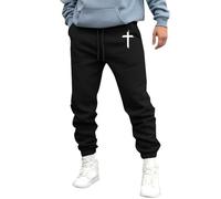DENGJIAMY Mens Graphic Sweatpants Casual Joggers Drawstring Elastic Waist Fall Trousers Christian Cross Print Tapered Track Pants with Pockets (Black, L)