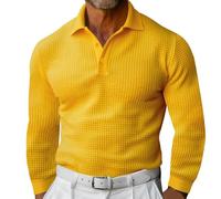 DENGJIAMY Mens Long Sleeve Polo Shirts Plain Casual Collared Tees Classic Basic Button Tops Trendy Waffle Golf Tshirt (Yellow, S)