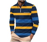 DENGJIAMY Mens Striped Golf Shirt Business Dress Polo Tee Long Sleeve Outdoor Trendy Collar Tshirt Men's Classic Basic Tops Color Block Polo Shirts (Navy, M)