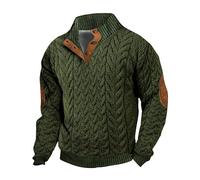 DENGJIAMY Mens Sweatshirt Vintage Shirt Long Sleeve Button Sweatshirts Elbow Patches Tops Stand Collar Knit Print Polo Pullover for Men (Army Green, XL)