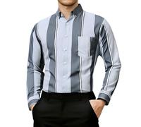 DENGJIAMY Mens Vertical Striped Dress Shirts Long Sleeve Casual Button Up Shirt Color Block Fall Tee Men Plus Size Business Collar Tops with Pocket (Grey, XL)