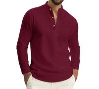 DENGJIAMY Mens Waffle Henley Long Sleeve Casual Plain Tee Short Sleeved Classic Basic T Shirt Outdoor Trendy Tops Men Fall Clothes (Wine, M)