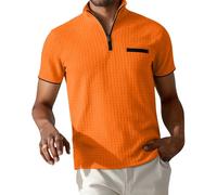 DENGJIAMY Waffle Polo Shirts for Men Collar Tops Mens Solid Casual Business 1/4 Zip Golf Tshirt Summer Classic Basic Tee Short Sleeve (Orange, XL)