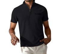 DENGJIAMY Waffle Polo Shirts for Men Collar Tops Mens Solid Casual Business 1/4 Zip Golf Tshirt Summer Classic Basic Tee Short Sleeve (Black, XXL)